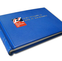 blue genuine leather blind veterans book of remembrance with hand painted blind veterans logo on cover